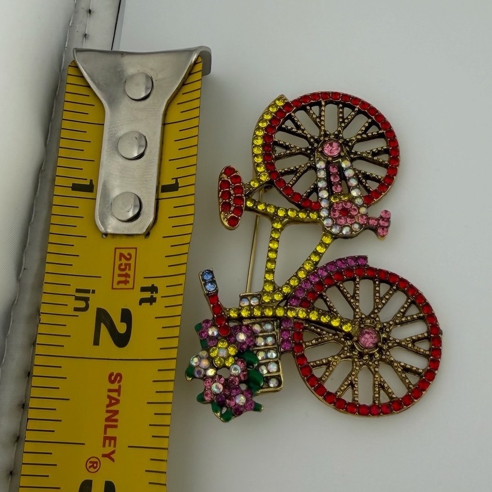 Multicolor Rhinestone Bicycle Brooch Flower Basket Pin - Picture 9 of 9